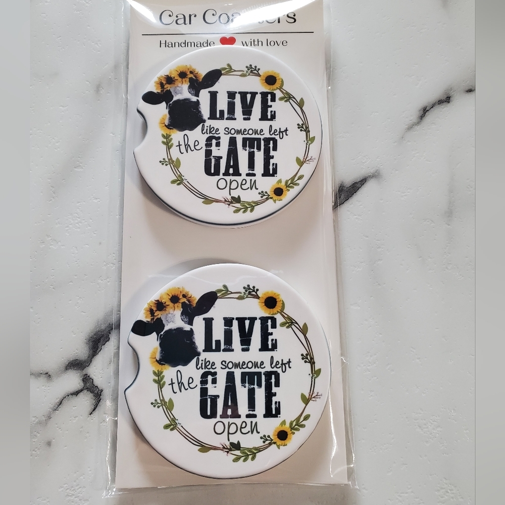Live like someone left the gate open Set Of 2 Ceramic Car Coasters Cow